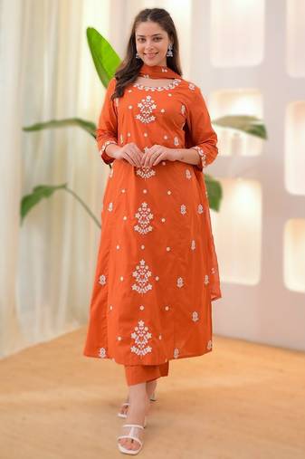 Orange embroidered rayon kurta pant chanderi dupatta