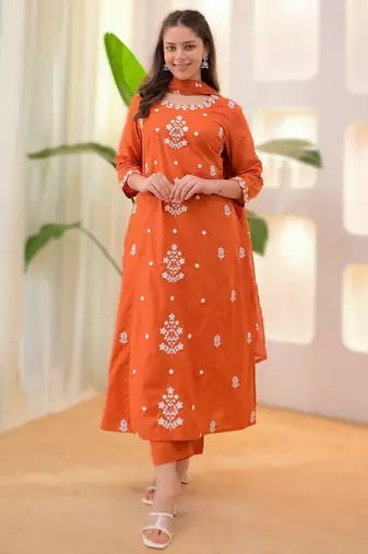 Orange embroidered rayon kurta pant chanderi dupatta