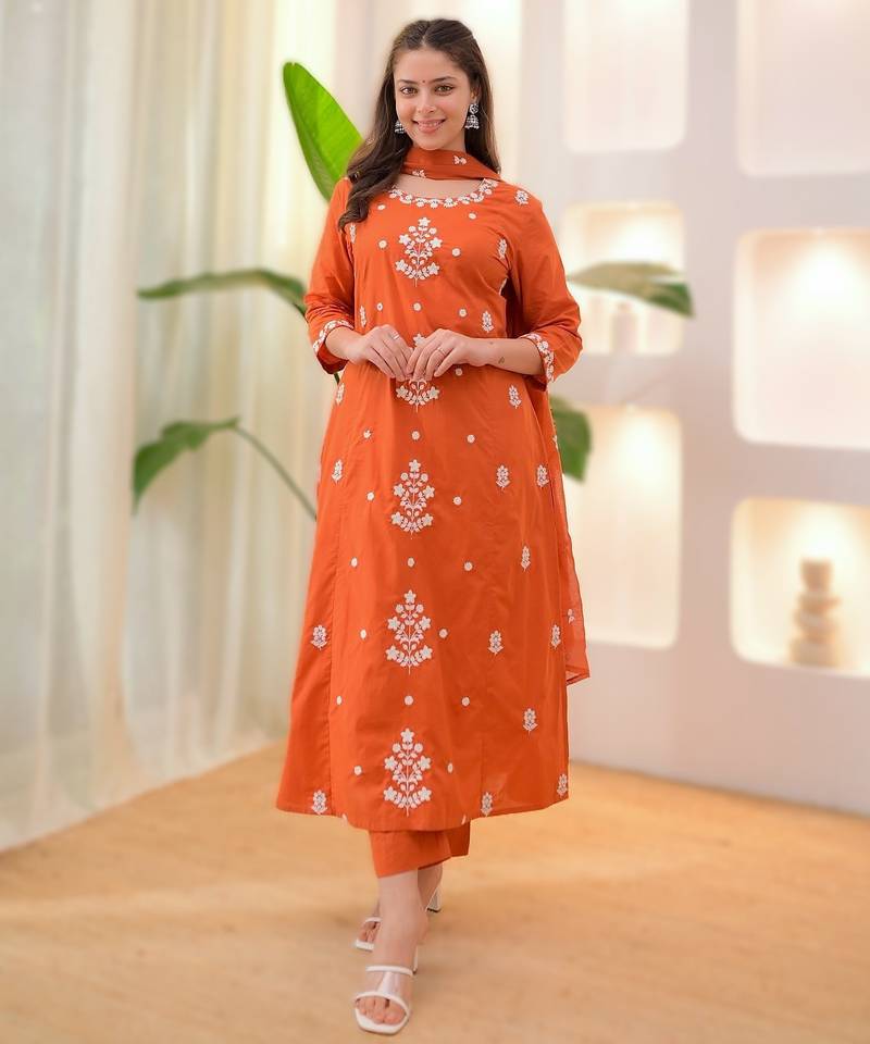 Orange embroidered rayon kurta pant chanderi dupatta