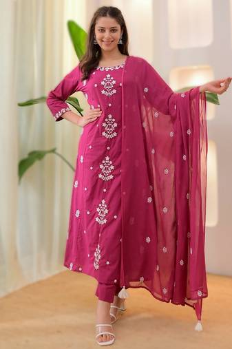 Rani pink embroidered rayon kurta pant chanderi dupatta
