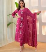 rani pink embroidered rayon kurta pant chanderi dupatta