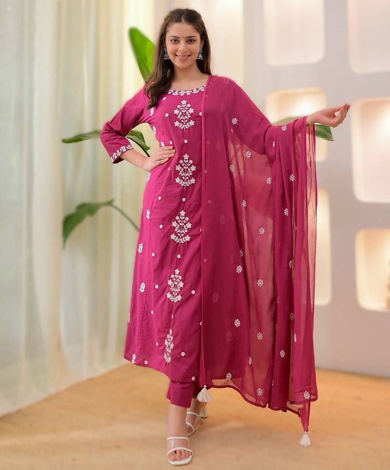 Rani pink embroidered rayon kurta pant chanderi dupatta