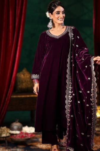 Dark wine velvet a-line kurta pant & dupatta