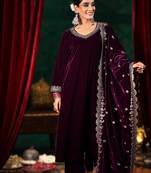 dark wine velvet a-line kurta pant & dupatta