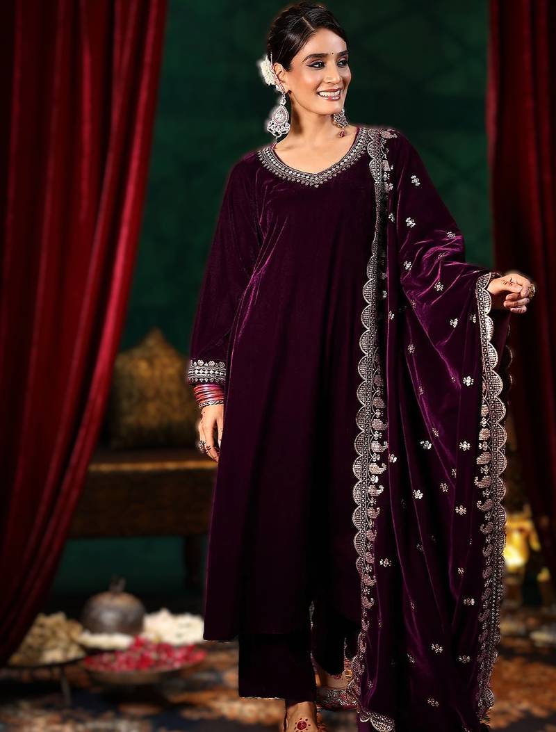Dark wine velvet a-line kurta pant & dupatta