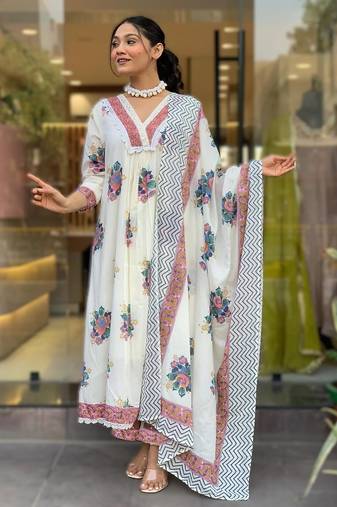 white cotton embroidered kurta printed dupatta