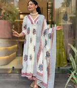 White cotton embroidered kurta printed dupatta