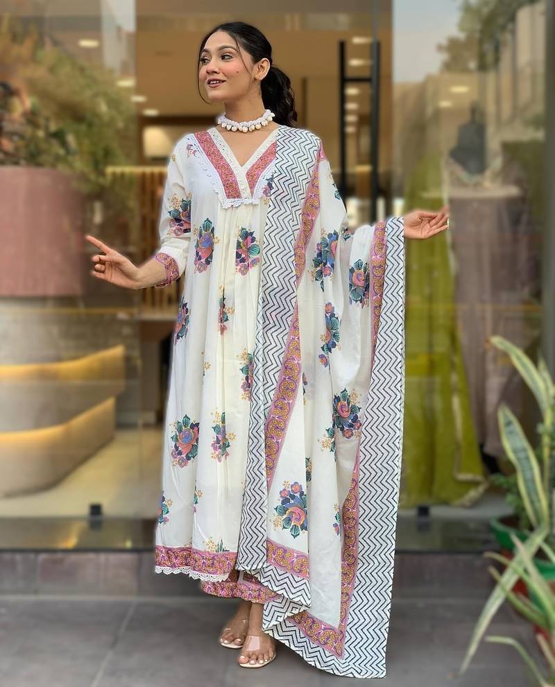 White cotton embroidered kurta printed dupatta