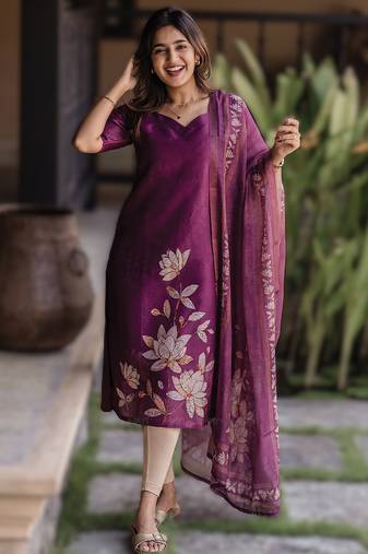 Wine printed silk kurti with dupatta