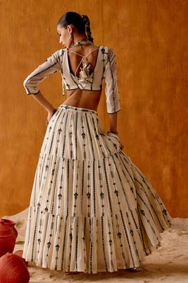 OFF WHITE SEQUINED EMBROIDERED WORK GEORGETTE LEHENGA  SET WITH CHOLI WITH DUPATTA. 4