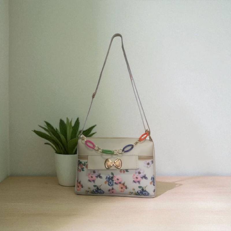Women Cream Floral Sling Bag Bow Chain Mini Stylish Shoulder Purse