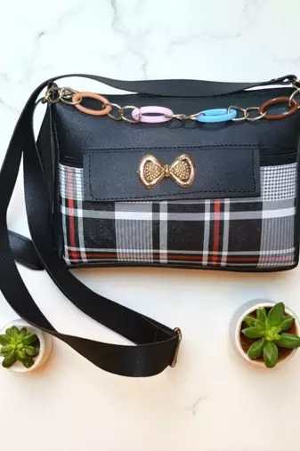 Women Black Checkered Sling Bag Bow Chain Stylish Shoulder Purse