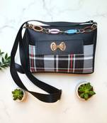 Women Black Checkered Sling Bag Bow Chain Stylish Shoulder Purse