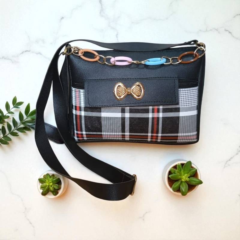 Women Black Checkered Sling Bag Bow Chain Stylish Shoulder Purse