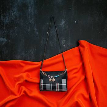 Women Black Checkered Sling Bag Bow Chain Stylish Shoulder Purse 3