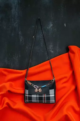 Women Black Checkered Sling Bag Bow Chain Stylish Shoulder Purse