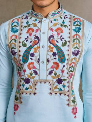 SKY BLUE VISCOSE SILK THEAD WITH SEQUINS EMBROIDERED WORK WEDDING FUNCTION NAVRATRI FESTIVAL PARTY WEAR STRAIGHT KURTA 7