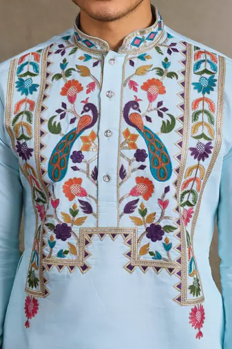 SKY BLUE VISCOSE SILK THEAD WITH SEQUINS EMBROIDERED WORK WEDDING FUNCTION NAVRATRI FESTIVAL PARTY WEAR STRAIGHT KURTA
