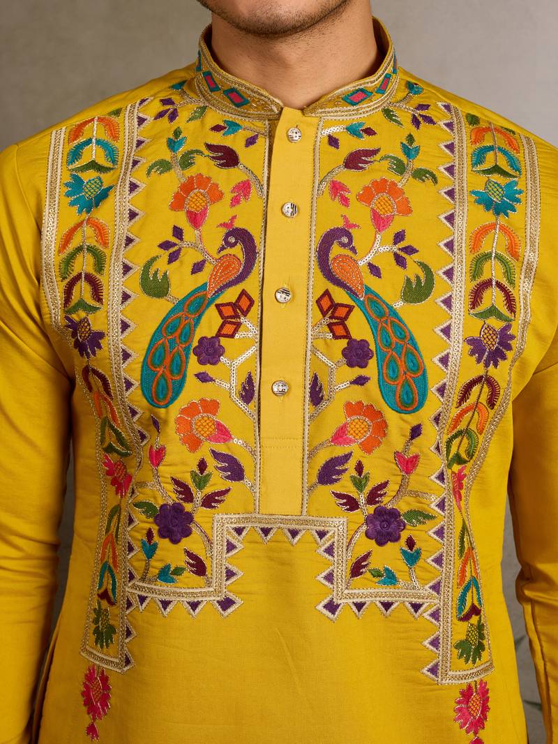 YELLOW VISCOSE SILK THEAD WITH SEQUINS EMBROIDERED WORK WEDDING FUNCTION NAVRATRI FESTIVAL PARTY WEAR STRAIGHT KURTA