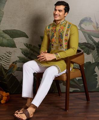 FLUORRESCENT GREEN VISCOSE SILK THEAD & SEQUINS EMBROIDERED WORK NAVRATRI FESTIVAL FUNCTION  PARTY WEAR STRAIGHT KURTA 7
