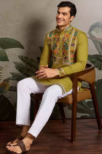 FLUORRESCENT GREEN VISCOSE SILK THEAD & SEQUINS EMBROIDERED WORK NAVRATRI FESTIVAL FUNCTION  PARTY WEAR STRAIGHT KURTA