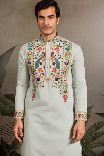 PISTA GREEN VISCOSE SILK THEAD & SEQUINS EMBROIDERED WORK WEDDING FUNCTION NAVRATRI FESTIVAL PARTY WEAR STRAIGHT KURTA