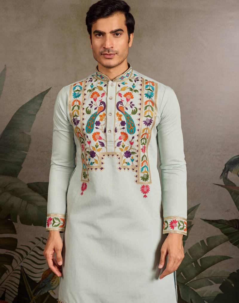 PISTA GREEN VISCOSE SILK THEAD & SEQUINS EMBROIDERED WORK WEDDING FUNCTION NAVRATRI FESTIVAL PARTY WEAR STRAIGHT KURTA