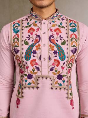 PINK VISCOSE SILK THEAD WITH SEQUINS EMBROIDERED WORK WEDDING FUNCTION NAVRATRI FESTIVAL PARTY WEAR STRAIGHT KURTA 7