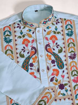 SKY BLUE VISCOSE SILK THEAD WITH SEQUINS EMBROIDERED WORK WEDDING FUNCTION NAVRATRI FESTIVAL PARTY WEAR STRAIGHT KURTA 8