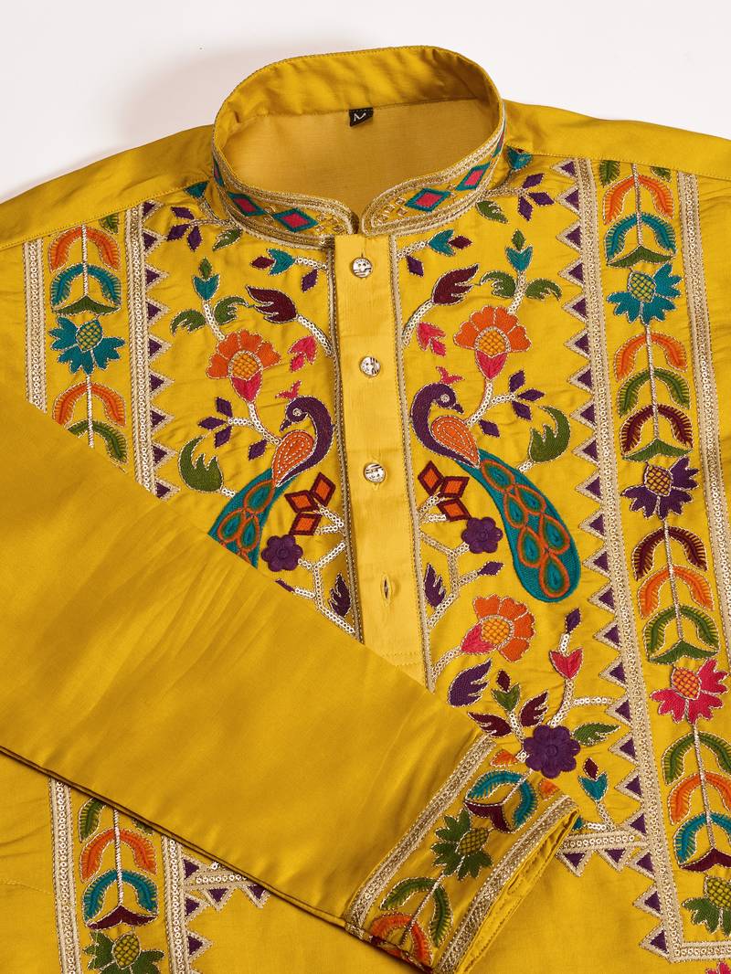 YELLOW VISCOSE SILK THEAD WITH SEQUINS EMBROIDERED WORK WEDDING FUNCTION NAVRATRI FESTIVAL PARTY WEAR STRAIGHT KURTA