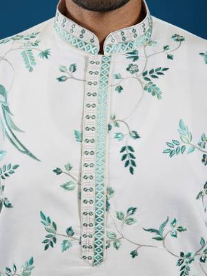 WHITE TURQUOISE VISCOSE SILK THREAD WITH SEQUINS EMBROIDERED WORK WEDDING FESTIVAL PARTY WEAR STRAIGHT KURTA 7