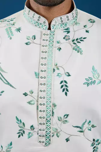 WHITE TURQUOISE VISCOSE SILK THREAD WITH SEQUINS EMBROIDERED WORK WEDDING FESTIVAL PARTY WEAR STRAIGHT KURTA