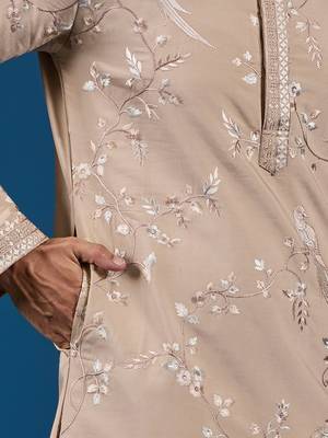 BEIGE VISCOSE SILK THREAD WITH SEQUINS EMBROIDERED WORK WEDDING FESTIVAL PARTY WEAR STRAIGHT KURTA 7