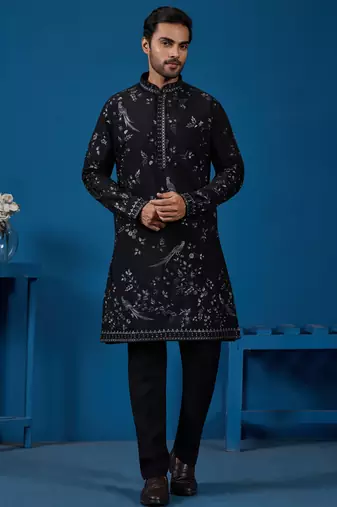 BLACK VISCOSE SILK THREAD WITH SEQUINS EMBROIDERED WORK WEDDING FESTIVAL PARTY WEAR STRAIGHT KURTA