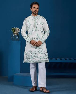 WHITE TURQUOISE VISCOSE SILK THREAD WITH SEQUINS EMBROIDERED WORK WEDDING FESTIVAL PARTY WEAR STRAIGHT KURTA 8