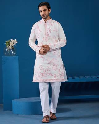 WHITE PINK VISCOSE SILK THREAD WITH SEQUINS EMBROIDERED WORK WEDDING FESTIVAL PARTY WEAR STRAIGHT KURTA 8