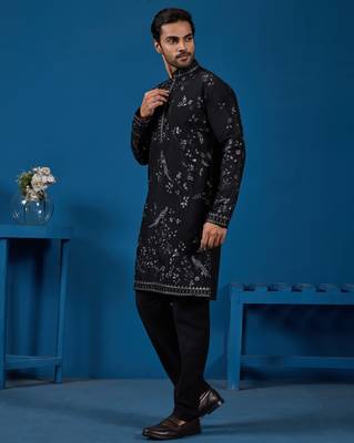 BLACK VISCOSE SILK THREAD WITH SEQUINS EMBROIDERED WORK WEDDING FESTIVAL PARTY WEAR STRAIGHT KURTA 9