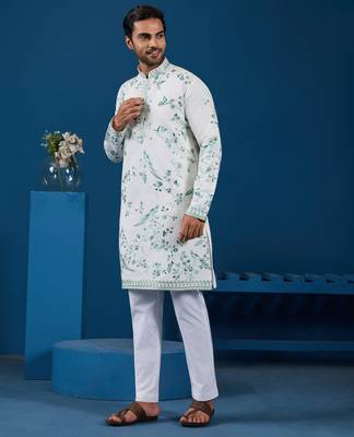 WHITE TURQUOISE VISCOSE SILK THREAD WITH SEQUINS EMBROIDERED WORK WEDDING FESTIVAL PARTY WEAR STRAIGHT KURTA 9