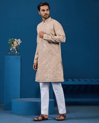 BEIGE VISCOSE SILK THREAD WITH SEQUINS EMBROIDERED WORK WEDDING FESTIVAL PARTY WEAR STRAIGHT KURTA 9