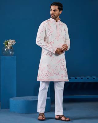 WHITE PINK VISCOSE SILK THREAD WITH SEQUINS EMBROIDERED WORK WEDDING FESTIVAL PARTY WEAR STRAIGHT KURTA 9