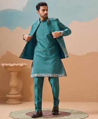 TURQUOISE VISCOSE SILK THREAD WITH SEQUINS EMBROIDERED WORK WEDDING FESTIVAL PARTY WEAR STRAIGHT KURTA WITH JACKET 7