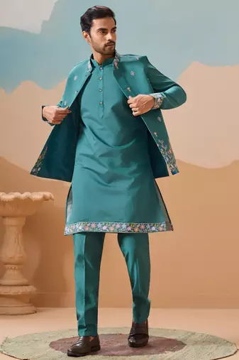 TURQUOISE VISCOSE SILK THREAD WITH SEQUINS EMBROIDERED WORK WEDDING FESTIVAL PARTY WEAR STRAIGHT KURTA WITH JACKET