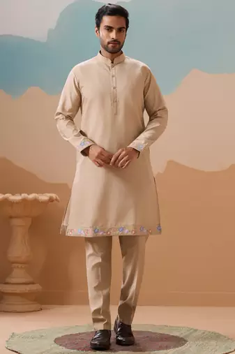 BEIGE VISCOSE SILK THREAD WITH SEQUINS EMBROIDERED WORK WEDDING FESTIVAL PARTY WEAR STRAIGHT KURTA WITH JACKET