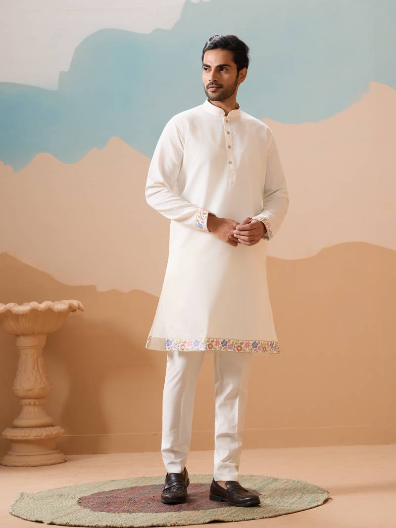 White viscose silk thread with sequins embroidered work wedding festival party wear straight kurta with jacket