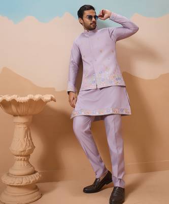 LAVENDER VISCOSE SILK THREAD WITH SEQUINS EMBROIDERED WORK WEDDING FESTIVAL PARTY WEAR STRAIGHT KURTA WITH JACKET 7