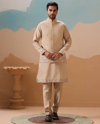 BEIGE VISCOSE SILK THREAD WITH SEQUINS EMBROIDERED WORK WEDDING FESTIVAL PARTY WEAR STRAIGHT KURTA WITH JACKET 8