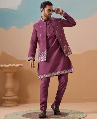 PURPLE VISCOSE SILK THREAD WITH SEQUINS EMBROIDERED WORK WEDDING FESTIVAL PARTY WEAR STRAIGHT KURTA WITH JACKET 9