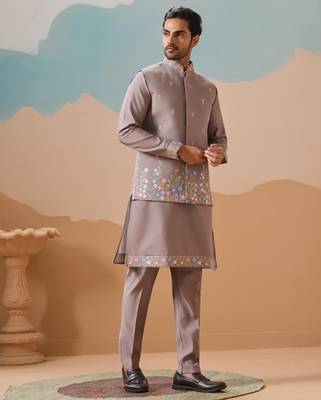 GREY VISCOSE SILK THREAD WITH SEQUINS EMBROIDERED WORK WEDDING FESTIVAL PARTY WEAR STRAIGHT KURTA WITH JACKET 10