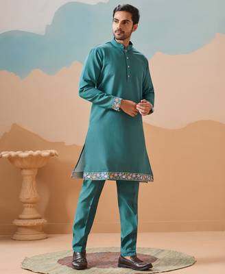 TURQUOISE VISCOSE SILK THREAD WITH SEQUINS EMBROIDERED WORK WEDDING FESTIVAL PARTY WEAR STRAIGHT KURTA WITH JACKET 9