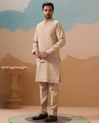 BEIGE VISCOSE SILK THREAD WITH SEQUINS EMBROIDERED WORK WEDDING FESTIVAL PARTY WEAR STRAIGHT KURTA WITH JACKET 9